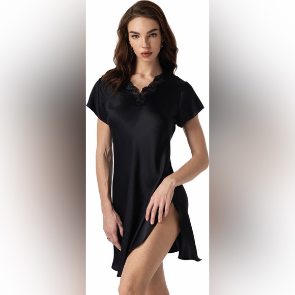Silksilky Nordstrom black floral silk satin nightgown slip dress lace neckline
